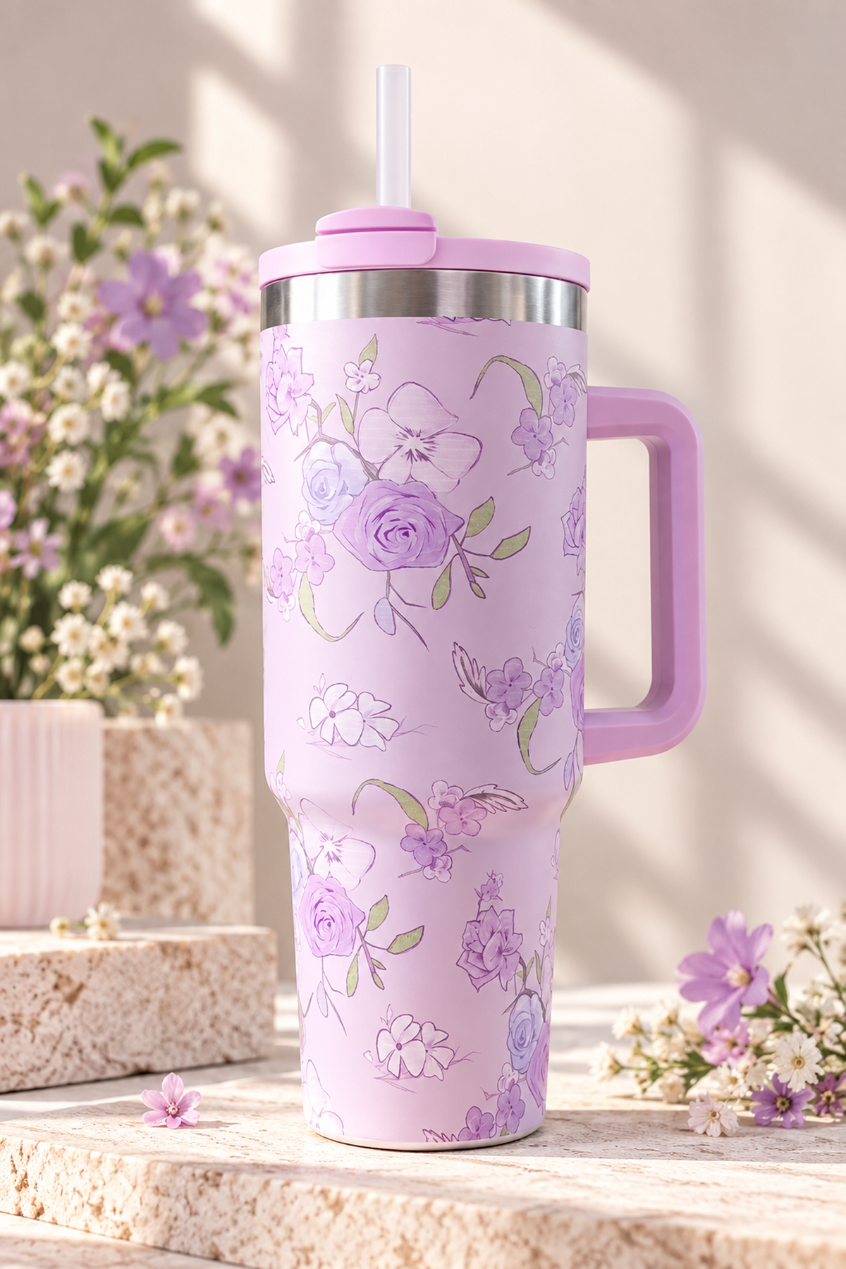 Lilac Bloom Floral Tumbler | [40 oz] with Handle & Straw