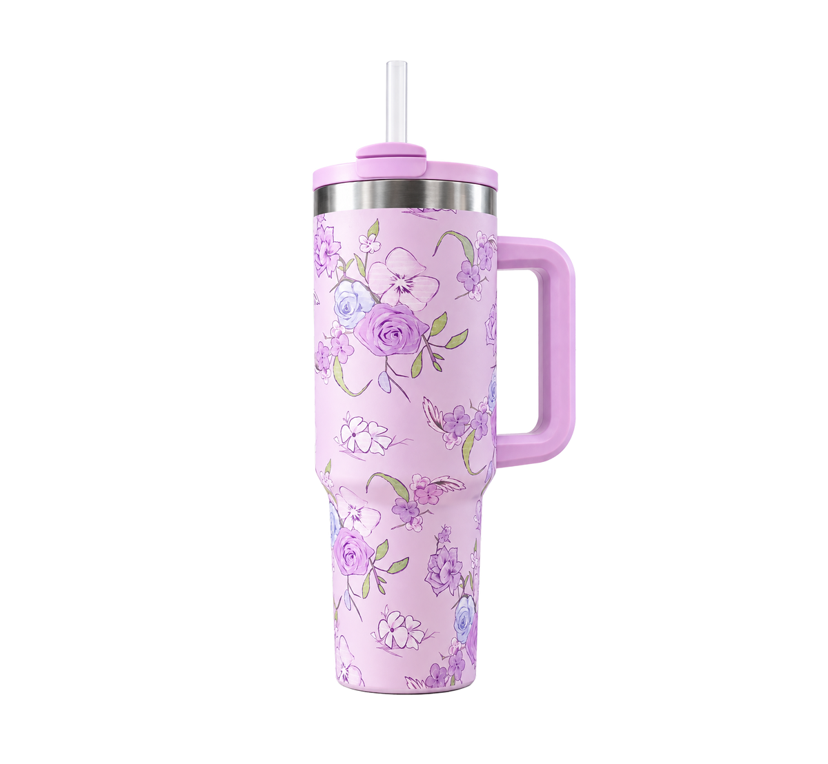Lilac Bloom Floral Tumbler | [40 oz] with Handle & Straw